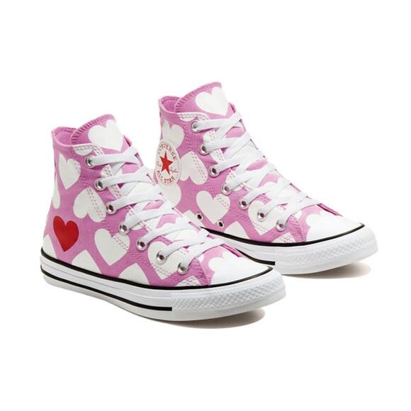 Converse Chuck Taylor All Star Hi Pink White Heart Print Sneakers Women’s 8 NEW - Picture 1 of 12